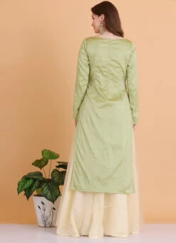 Dupatta From Pista Green N Cream Printed Sharara Set After Six Wear -Deals Chic Lehenga Store Pista Green N Cream Printed Sharara Set SLBS02306316 b