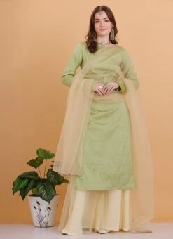 Dupatta From Pista Green N Cream Printed Sharara Set After Six Wear -Deals Chic Lehenga Store Pista Green N Cream Printed Sharara Set SLBS02306316 u