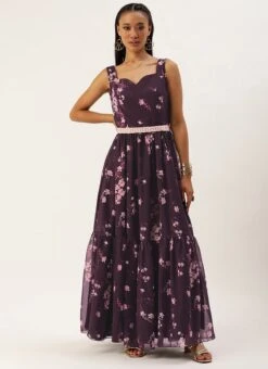 Purple Georgette Digital Printed Tiered Dress Festive Wear -Deals Chic Lehenga Store Purple Georgette Digital Printed Tiered Dress DRBS02302269 u