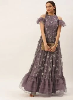 Purple Net Sequins Embroidered Layered Style Gown Wedding Wear -Deals Chic Lehenga Store Purple Net Sequins Embroidered Layered Style Gown IWBS02211171 u