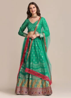 Rama Green Silk Zari Jacquard Weaving Work A Line Lehenga Party Wear -Deals Chic Lehenga Store Rama Green Silk Zari Jacquard Weaving Work A Line Lehenga GHSACW2803 u