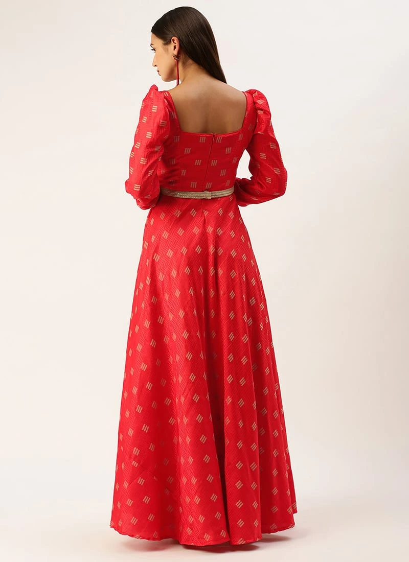 Red Art Silk Maxi Dress Festive Wear 4 Red Art Silk Maxi Dress Festive Wear - Image 4