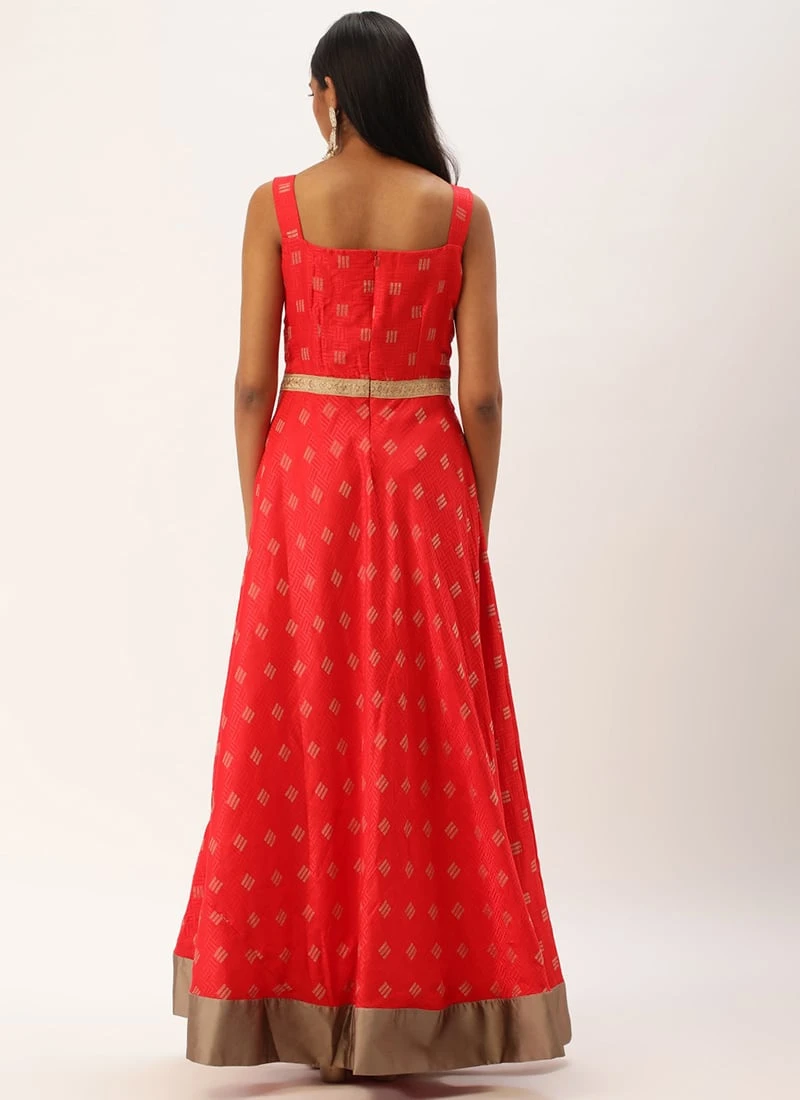Red Art Silk Strap Neck Style Maxi Dress Festive Wear 4 Red Art Silk Strap Neck Style Maxi Dress Festive Wear - Image 4