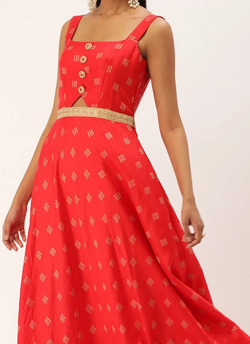 Red Art Silk Strap Neck Style Maxi Dress Festive Wear 1 Red Art Silk Strap Neck Style Maxi Dress Festive Wear