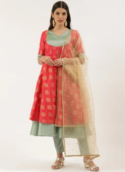 Red Jacquard N Sea Green Anarkali Suit Festive Wear -Deals Chic Lehenga Store Red Jacquard N Sea Green Anarkali Suit SLBS02204846 u