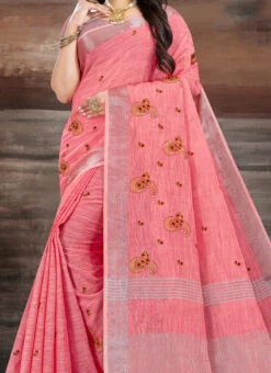 Red Linen Resham Embroidered Work Saree After Six Wear