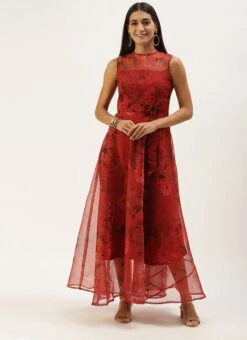 Red Organza Digital Printed Dress Party Wear -Deals Chic Lehenga Store Red Organza Digital Printed Dress DRBS02107581 u