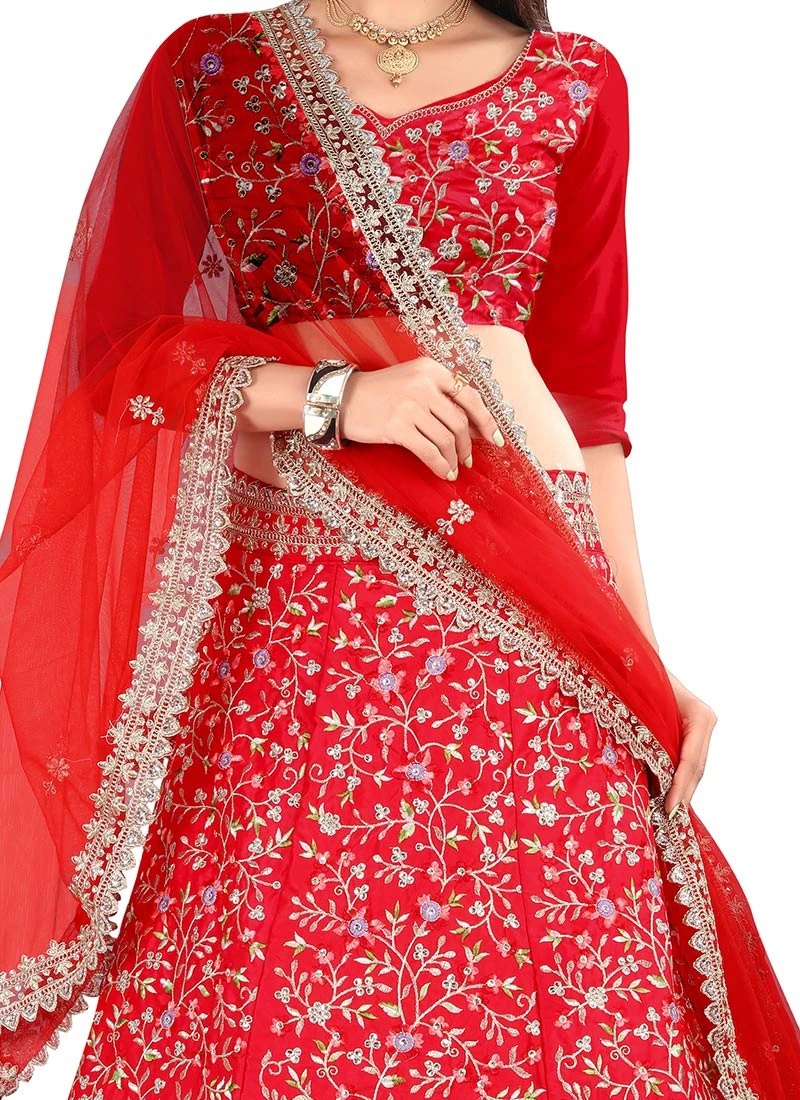 Red Satin Embroidered Umbrella Lehenga Wedding Wear 1 Red Satin Embroidered Umbrella Lehenga Wedding Wear