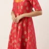 Red Taffeta Jacquard Half Circular Dress Festive Wear