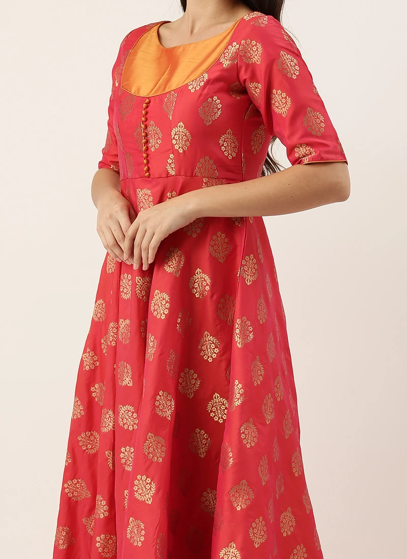 Red Taffeta Jacquard Half Circular Dress Festive Wear 1 Red Taffeta Jacquard Half Circular Dress Festive Wear