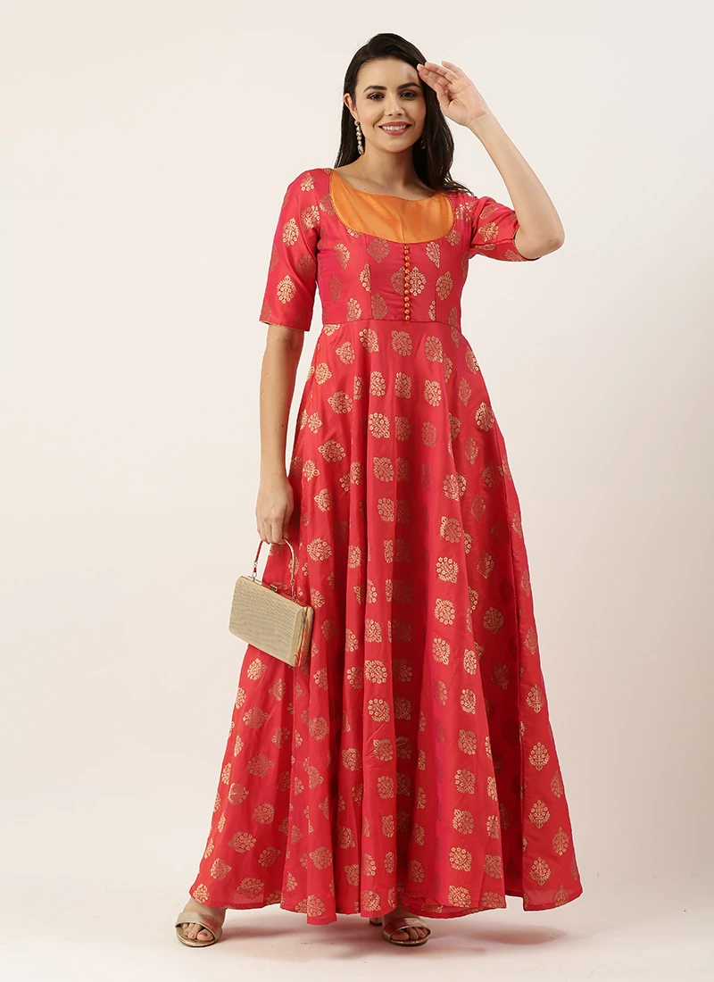 Red Taffeta Jacquard Half Circular Dress Festive Wear 3 Red Taffeta Jacquard Half Circular Dress Festive Wear - Image 3