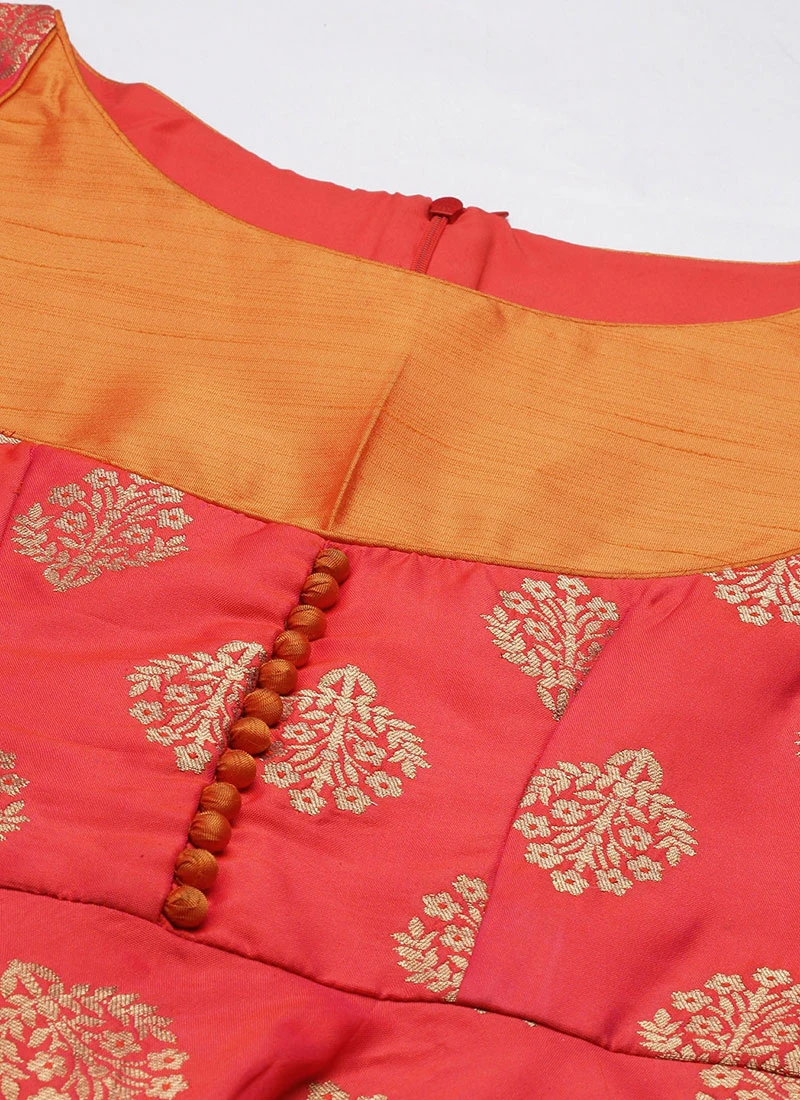 Red Taffeta Jacquard Half Circular Dress Festive Wear 5 Red Taffeta Jacquard Half Circular Dress Festive Wear - Image 5