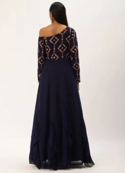 Royal Blue Embroidered One Shoulder Ruffle Gown Party Wear -Deals Chic Lehenga Store Royal Blue Embroidered One Shoulder Ruffle Gown IWBS02301755 b