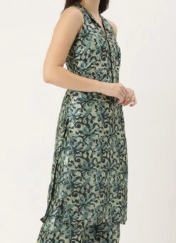 Top From Sage Green Art Silk Digital Printed Top N Pant Suit After Six Wear