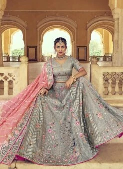 Sage Green Banarasi Silk Embroidered Umbrella Lehenga Wedding Wear -Deals Chic Lehenga Store Sage Green Banarasi Silk Embroidered Umbrella Lehenga GHSLI19046008 b