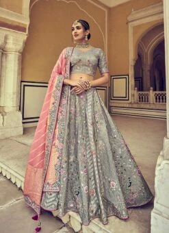 Sage Green Banarasi Silk Embroidered Umbrella Lehenga Wedding Wear -Deals Chic Lehenga Store Sage Green Banarasi Silk Embroidered Umbrella Lehenga GHSLI19046008 u