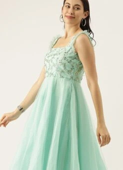 Sea Blue Embroidered Asymmetrical Gown Party Wear