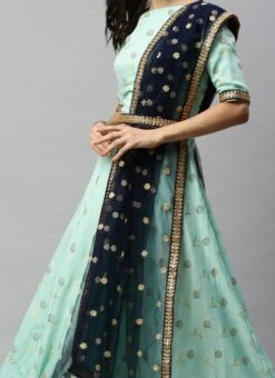 Sea Blue N Blue Boat Neck Lehenga Set Wedding Wear