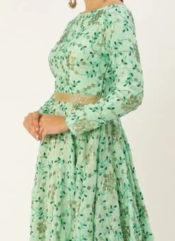 Sea Green Embroidered Asymmetrical Layered Gown Party Wear