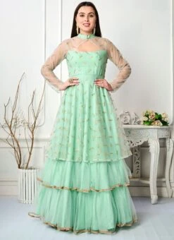 Sea Green Embroidered Layered Style Gown Wedding Wear 10 Sea Green Embroidered Layered Style Gown Wedding Wear -Deals Chic Lehenga Store Sea Green Embroidered Layered Style Gown IWBS02301713 u