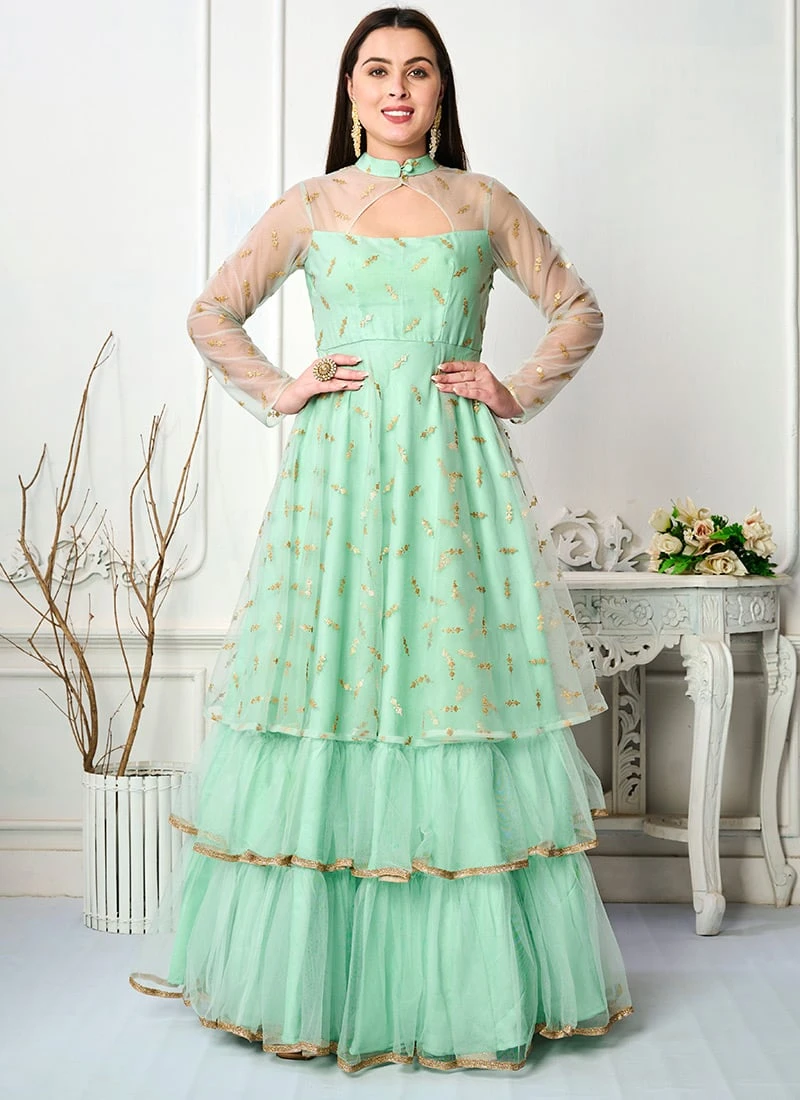 Sea Green Embroidered Layered Style Gown Wedding Wear 3 Sea Green Embroidered Layered Style Gown Wedding Wear - Image 3