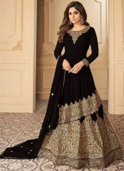 Shamita Shetty Black Georgette Embroidered A Line Party Wear -Deals Chic Lehenga Store Shamita Shetty Black Georgette Embroidered A Line GHSCC7142 u