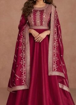 Shamita Shetty Maroon Art Silk Embroidered Anarkali Gown Party Wear
