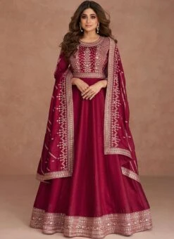 Shamita Shetty Maroon Art Silk Embroidered Anarkali Gown Party Wear -Deals Chic Lehenga Store Shamita Shetty Maroon Art Silk Embroidered Anarkali Gown BGWRSKA43579518 u