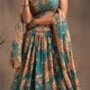 Sky Blue Organza Floral Digital Print Umbrella Lehenga Party Wear