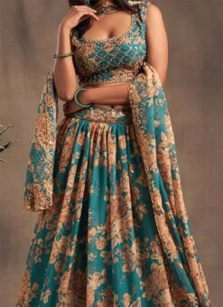 Sky Blue Organza Floral Digital Print Umbrella Lehenga Party Wear