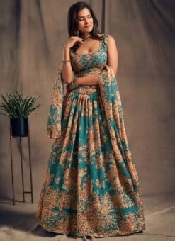 Sky Blue Organza Floral Digital Print Umbrella Lehenga Party Wear -Deals Chic Lehenga Store Sky Blue Organza Floral Digital Print Umbrella Lehenga GHSAK42157616 u