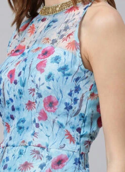 Sky Blue Printed Organza Asymmetrical Dress After Six Wear -Deals Chic Lehenga Store Sky Blue Printed Organza Asymmetrical Dress DRBS02105407 rrc3