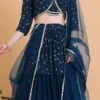 Teal Blue Embroidered Georgette Tiered Lehenga Set Festive Wear