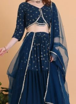 Teal Blue Embroidered Georgette Tiered Lehenga Set Festive Wear