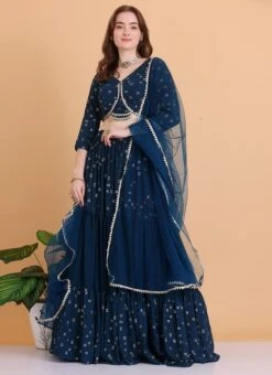 Teal Blue Embroidered Georgette Tiered Lehenga Set Festive Wear -Deals Chic Lehenga Store Teal Blue Embroidered Georgette Tiered Lehenga Set GHBS02304083 u