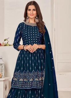 Teal Blue Georgette Embroidery Long Choli Lehenga Party Wear -Deals Chic Lehenga Store Teal Blue Georgette Embroidery Long Choli Lehenga GHSAK40381235 b