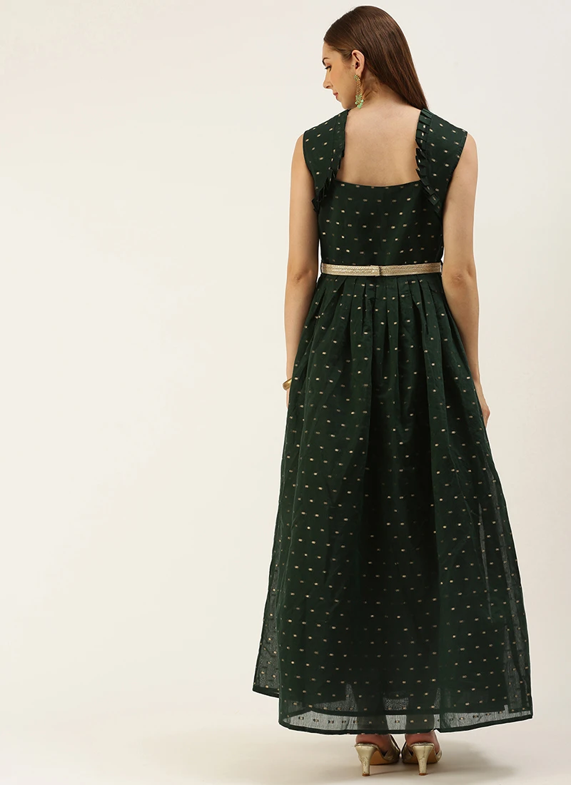 Teal Green Art Silk Cotton Jacquard Dress After Six Wear 4 Teal Green Art Silk Cotton Jacquard Dress After Six Wear - Image 4