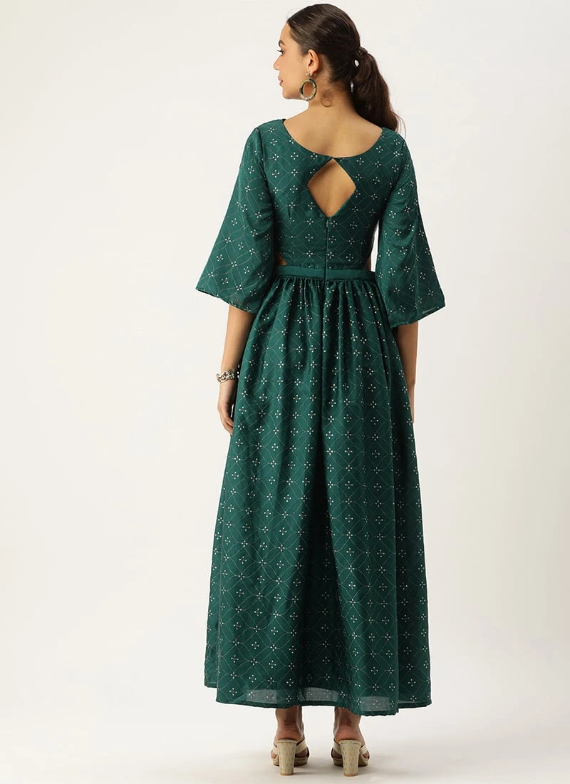 Teal Green Art Silk Foil Printed Maxi Dress Festive Wear 4 Teal Green Art Silk Foil Printed Maxi Dress Festive Wear - Image 4