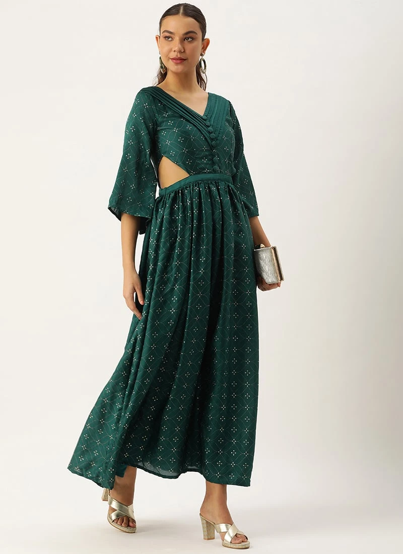 Teal Green Art Silk Foil Printed Maxi Dress Festive Wear 3 Teal Green Art Silk Foil Printed Maxi Dress Festive Wear - Image 3