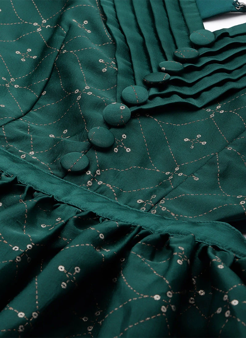 Teal Green Art Silk Foil Printed Maxi Dress Festive Wear 5 Teal Green Art Silk Foil Printed Maxi Dress Festive Wear - Image 5