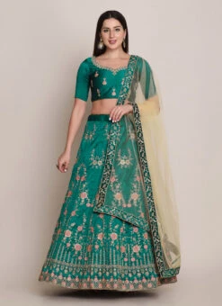 Teal Taffeta Silk Embroidered N Sequins A Line Lehenga Party Wear -Deals Chic Lehenga Store Teal Taffeta Silk Embroidered N Sequins A Line Lehenga GHSWE101024 u
