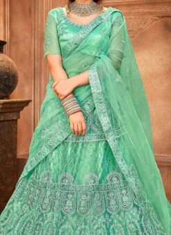 Turquoise Net Embroidered N Sequins Umbrella Lehenga Party Wear