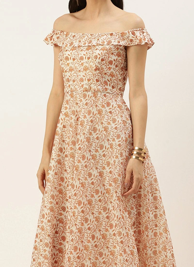 White Art Silk Digital Printed Off Shoulder Dress After Six Wear 1 White Art Silk Digital Printed Off Shoulder Dress After Six Wear