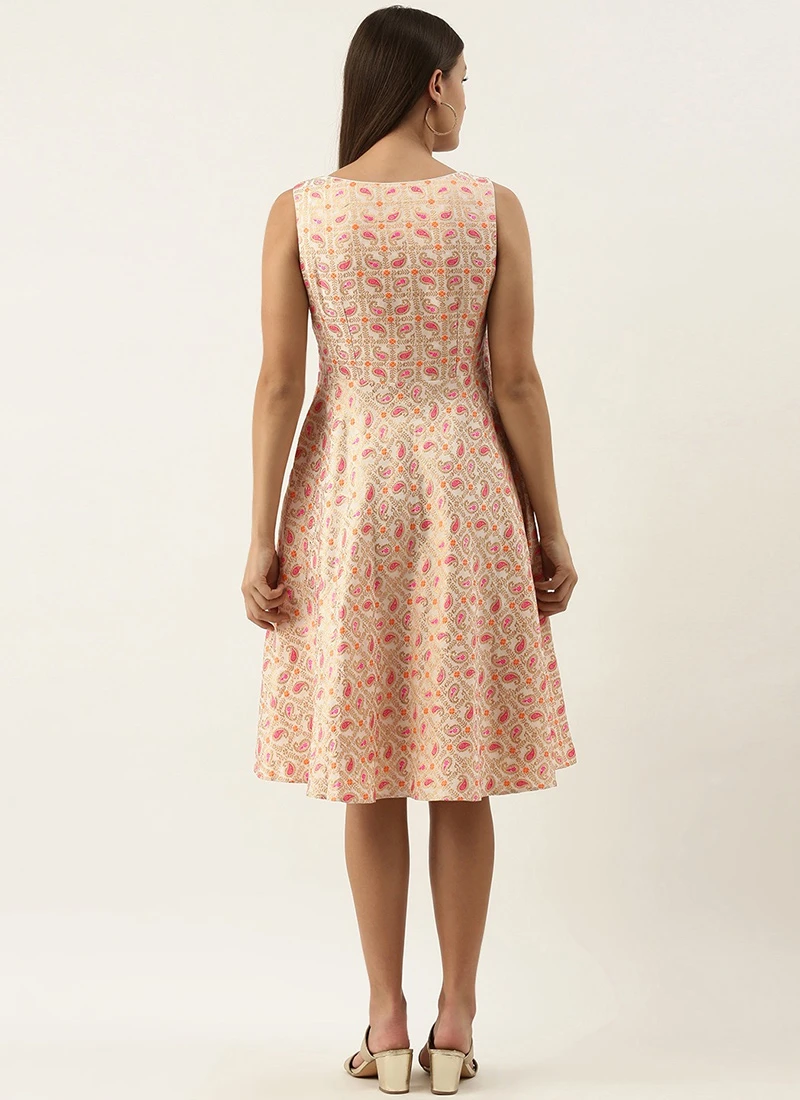 White Brocade Boat Neck Flared Dress Festive Wear 4 White Brocade Boat Neck Flared Dress Festive Wear - Image 4