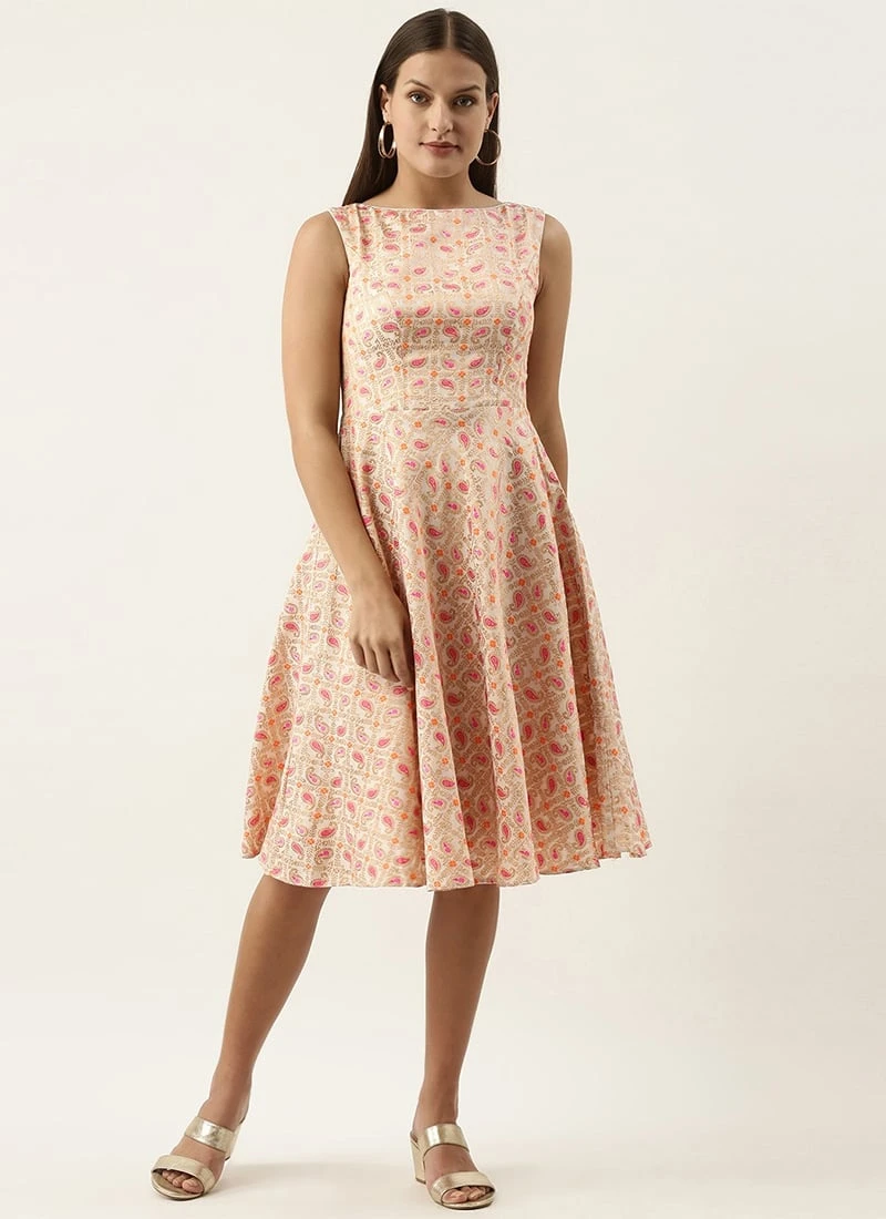 White Brocade Boat Neck Flared Dress Festive Wear 3 White Brocade Boat Neck Flared Dress Festive Wear - Image 3