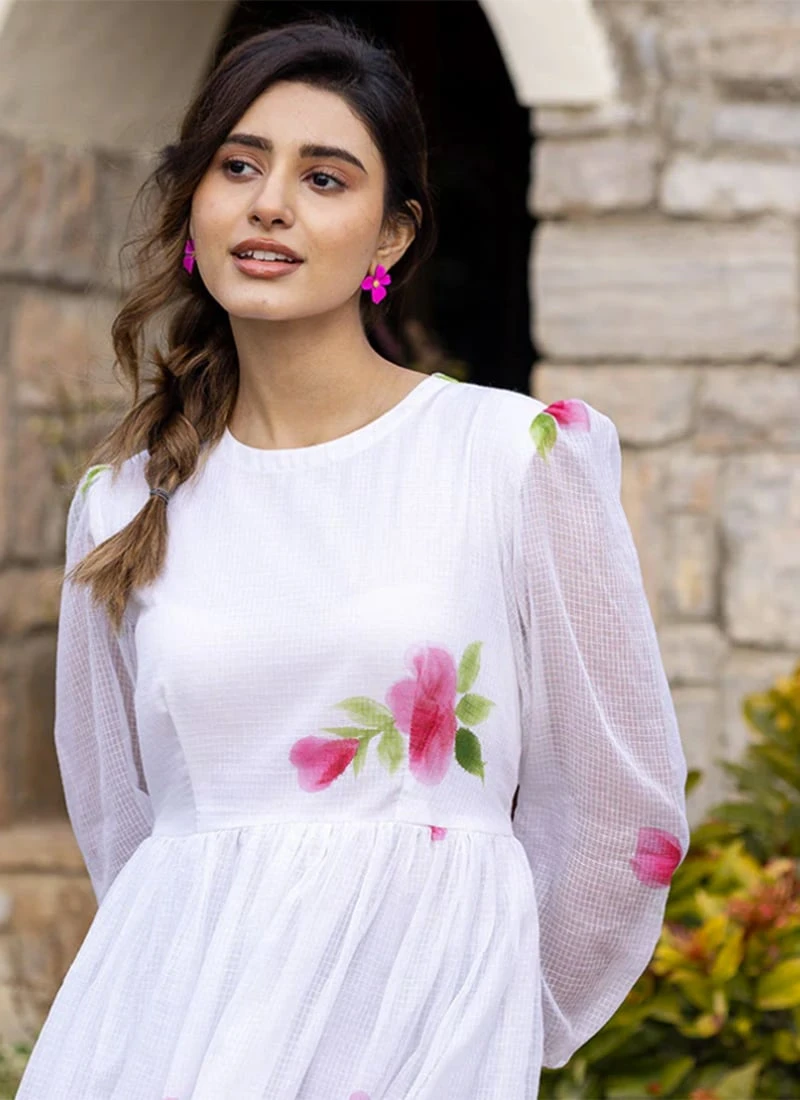 White Faux Chiffon Digital Print Fit And Flare Dress After Six Wear 4 White Faux Chiffon Digital Print Fit And Flare Dress After Six Wear - Image 4