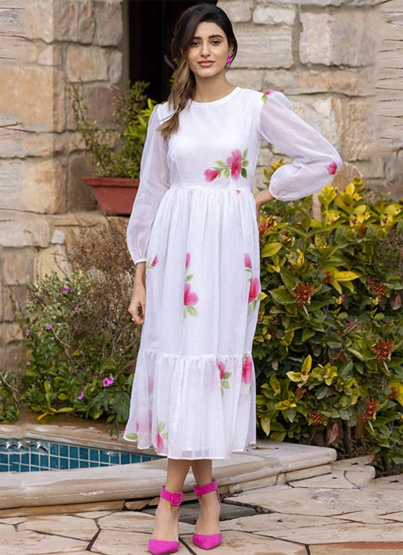 White Faux Chiffon Digital Print Fit And Flare Dress After Six Wear 3 White Faux Chiffon Digital Print Fit And Flare Dress After Six Wear - Image 3