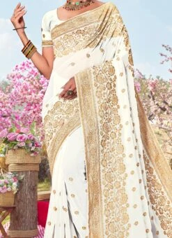 White Faux Georgette Embroidered Saree Party Wear
