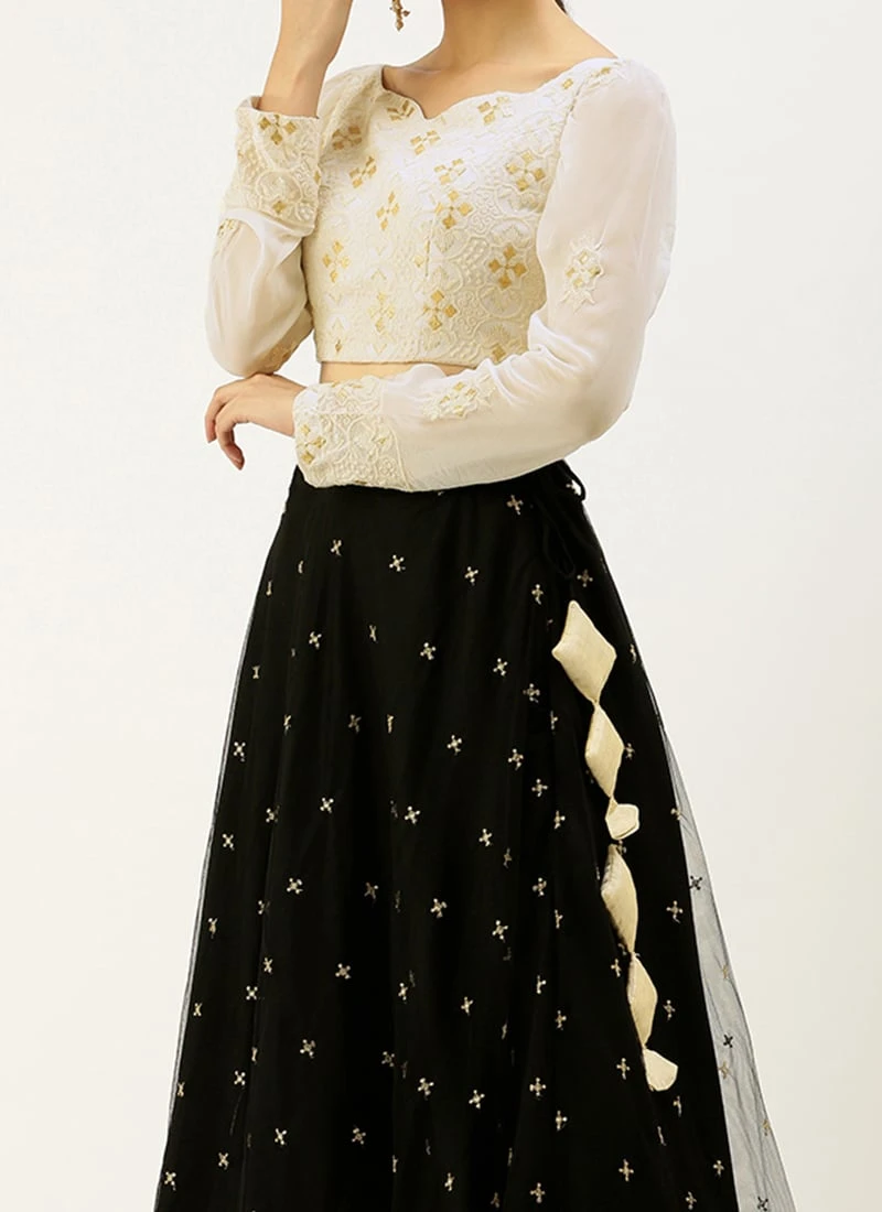 White Foil Print Viscose Black Lehenga Festive Wear Wedding Wear 1 White Foil Print Viscose Black Lehenga Festive Wear Wedding Wear