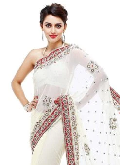 White Georgette Crystals Embellished Saree Party Wear -Deals Chic Lehenga Store White Georgette Crystals Embellished Saree SADSFCNS2588 b